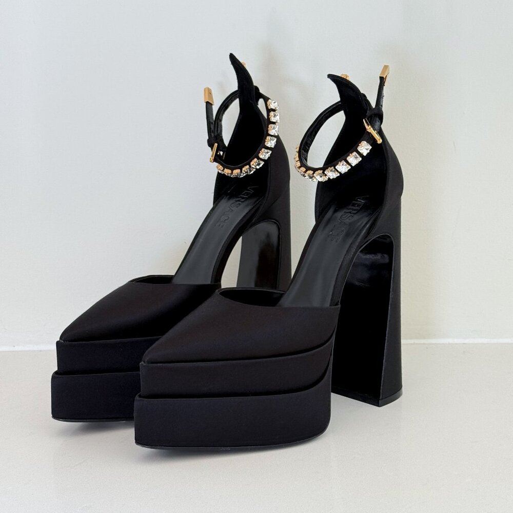 Versace Black Platform Ankle-Strap Heels with Crystal Embellishment